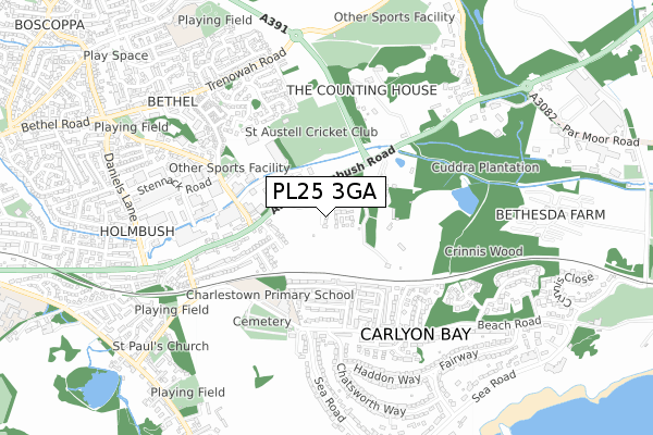 PL25 3GA map - small scale - OS Open Zoomstack (Ordnance Survey)