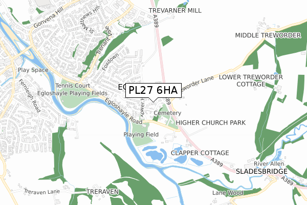 PL27 6HA map - small scale - OS Open Zoomstack (Ordnance Survey)