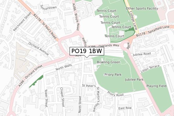 PO19 1BW map - large scale - OS Open Zoomstack (Ordnance Survey)