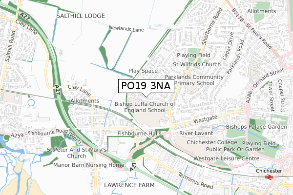 PO19 3NA map - small scale - OS Open Zoomstack (Ordnance Survey)