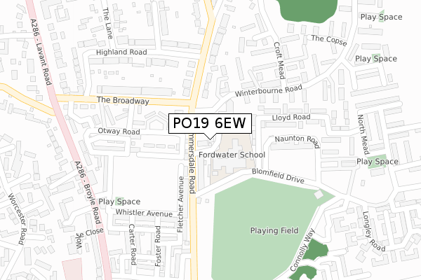 PO19 6EW map - large scale - OS Open Zoomstack (Ordnance Survey)