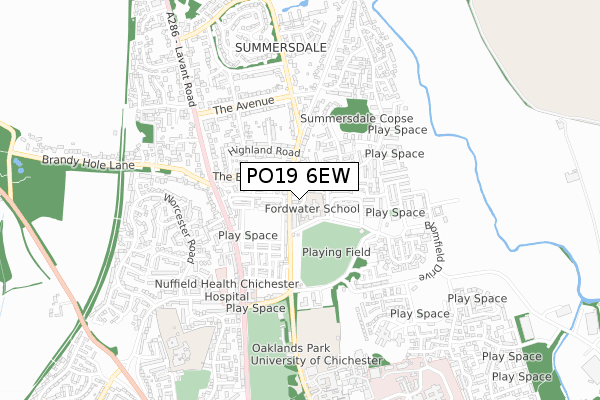 PO19 6EW map - small scale - OS Open Zoomstack (Ordnance Survey)