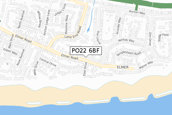 PO22 6BF map - large scale - OS Open Zoomstack (Ordnance Survey)