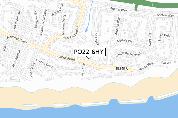 PO22 6HY map - large scale - OS Open Zoomstack (Ordnance Survey)