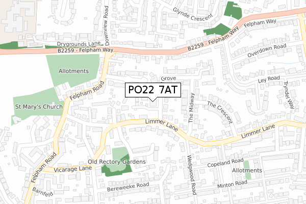 PO22 7AT map - large scale - OS Open Zoomstack (Ordnance Survey)