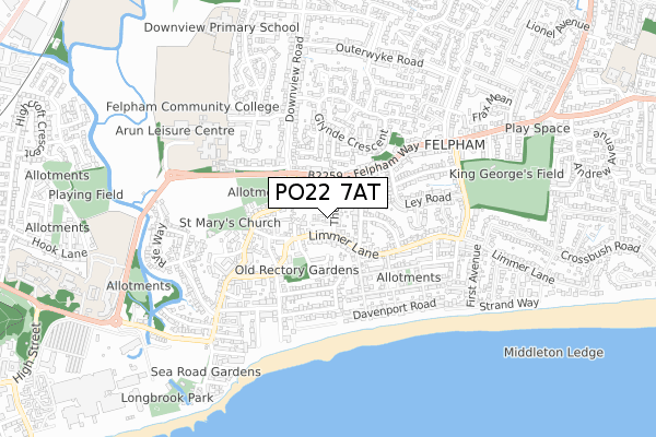 PO22 7AT map - small scale - OS Open Zoomstack (Ordnance Survey)