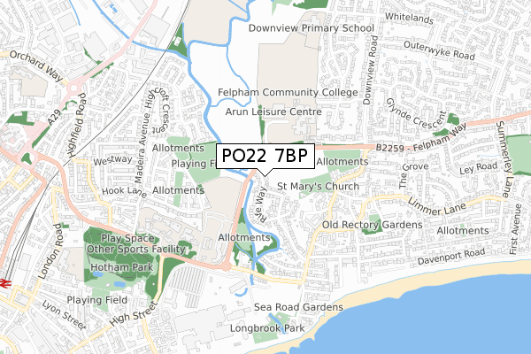 PO22 7BP map - small scale - OS Open Zoomstack (Ordnance Survey)