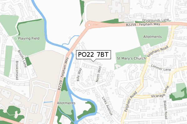 PO22 7BT map - large scale - OS Open Zoomstack (Ordnance Survey)