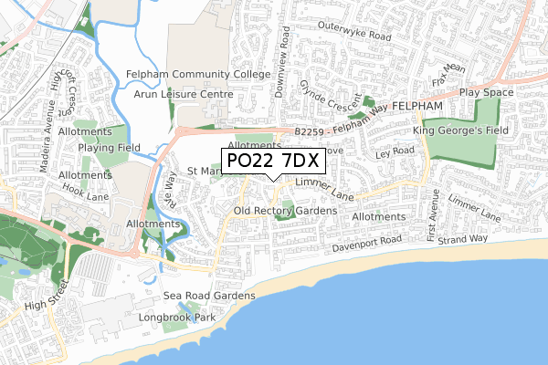 PO22 7DX map - small scale - OS Open Zoomstack (Ordnance Survey)