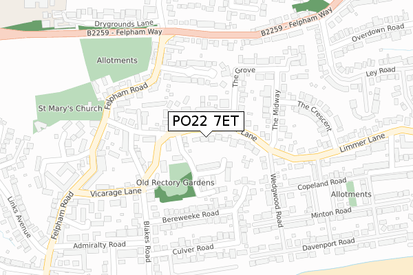 PO22 7ET map - large scale - OS Open Zoomstack (Ordnance Survey)