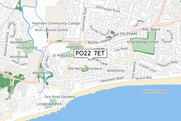 PO22 7ET map - small scale - OS Open Zoomstack (Ordnance Survey)