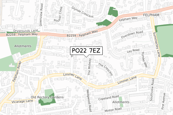 PO22 7EZ map - large scale - OS Open Zoomstack (Ordnance Survey)