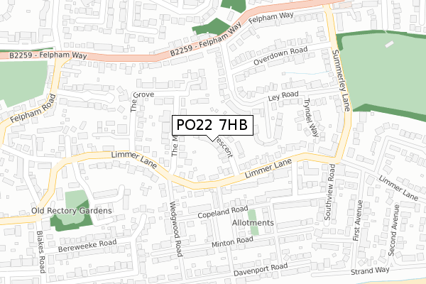 PO22 7HB map - large scale - OS Open Zoomstack (Ordnance Survey)