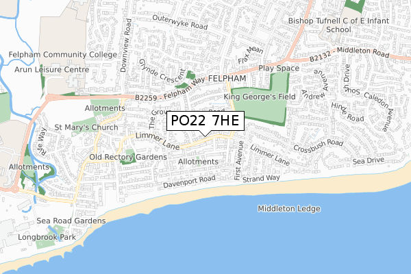 PO22 7HE map - small scale - OS Open Zoomstack (Ordnance Survey)