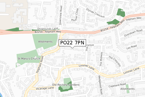 PO22 7PN map - large scale - OS Open Zoomstack (Ordnance Survey)