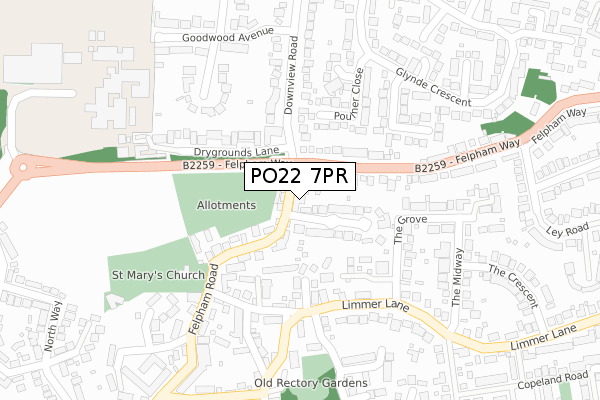 PO22 7PR map - large scale - OS Open Zoomstack (Ordnance Survey)