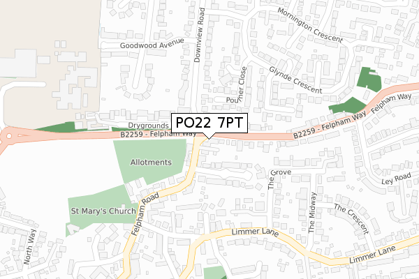 PO22 7PT map - large scale - OS Open Zoomstack (Ordnance Survey)