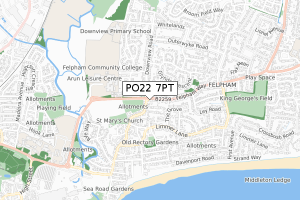 PO22 7PT map - small scale - OS Open Zoomstack (Ordnance Survey)