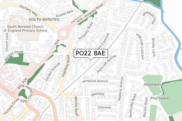 PO22 8AE map - large scale - OS Open Zoomstack (Ordnance Survey)