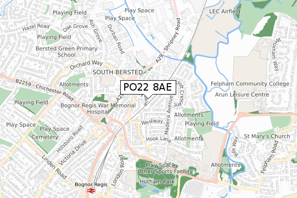 PO22 8AE map - small scale - OS Open Zoomstack (Ordnance Survey)