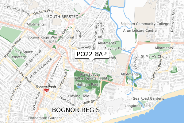 PO22 8AP map - small scale - OS Open Zoomstack (Ordnance Survey)