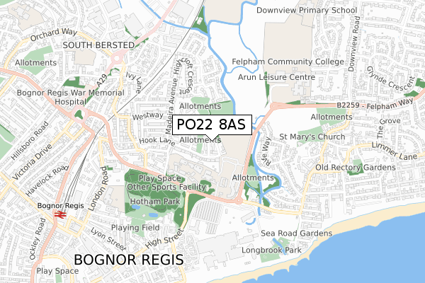 PO22 8AS map - small scale - OS Open Zoomstack (Ordnance Survey)