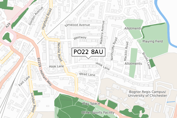 PO22 8AU map - large scale - OS Open Zoomstack (Ordnance Survey)