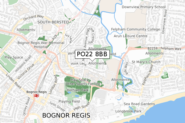 PO22 8BB map - small scale - OS Open Zoomstack (Ordnance Survey)