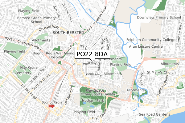 PO22 8DA map - small scale - OS Open Zoomstack (Ordnance Survey)