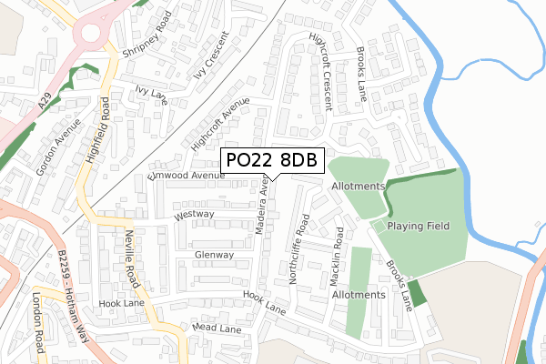 PO22 8DB map - large scale - OS Open Zoomstack (Ordnance Survey)