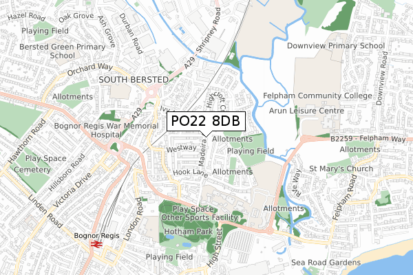 PO22 8DB map - small scale - OS Open Zoomstack (Ordnance Survey)