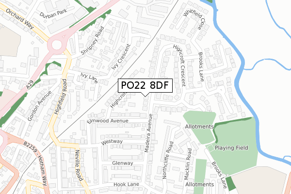 PO22 8DF map - large scale - OS Open Zoomstack (Ordnance Survey)