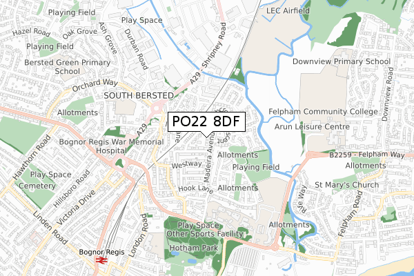 PO22 8DF map - small scale - OS Open Zoomstack (Ordnance Survey)