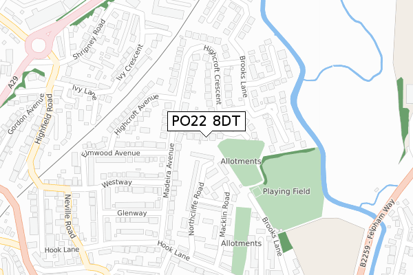 PO22 8DT map - large scale - OS Open Zoomstack (Ordnance Survey)