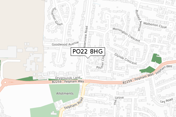 PO22 8HG map - large scale - OS Open Zoomstack (Ordnance Survey)