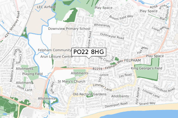 PO22 8HG map - small scale - OS Open Zoomstack (Ordnance Survey)