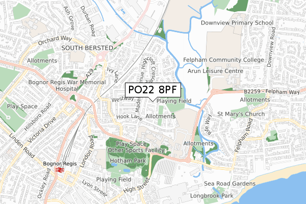 PO22 8PF map - small scale - OS Open Zoomstack (Ordnance Survey)