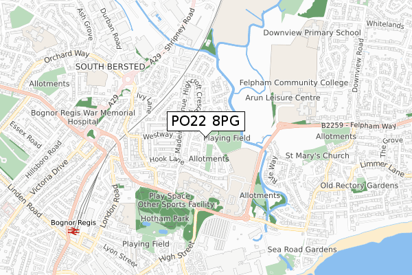 PO22 8PG map - small scale - OS Open Zoomstack (Ordnance Survey)