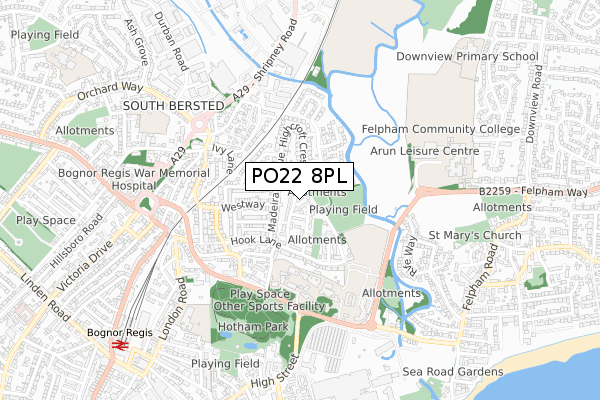 PO22 8PL map - small scale - OS Open Zoomstack (Ordnance Survey)