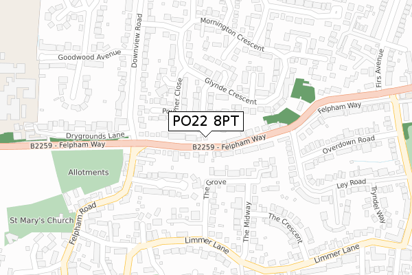 PO22 8PT map - large scale - OS Open Zoomstack (Ordnance Survey)