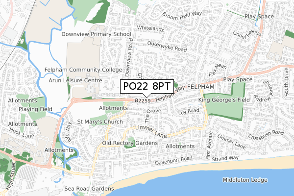 PO22 8PT map - small scale - OS Open Zoomstack (Ordnance Survey)