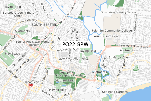 PO22 8PW map - small scale - OS Open Zoomstack (Ordnance Survey)