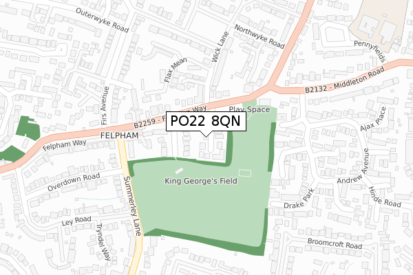 PO22 8QN map - large scale - OS Open Zoomstack (Ordnance Survey)