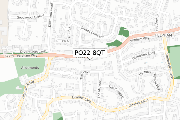 PO22 8QT map - large scale - OS Open Zoomstack (Ordnance Survey)