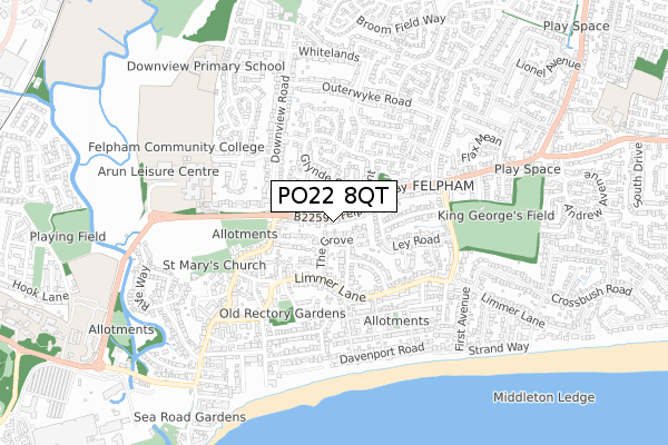 PO22 8QT map - small scale - OS Open Zoomstack (Ordnance Survey)