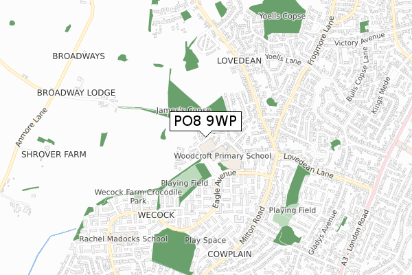 PO8 9WP map - small scale - OS Open Zoomstack (Ordnance Survey)