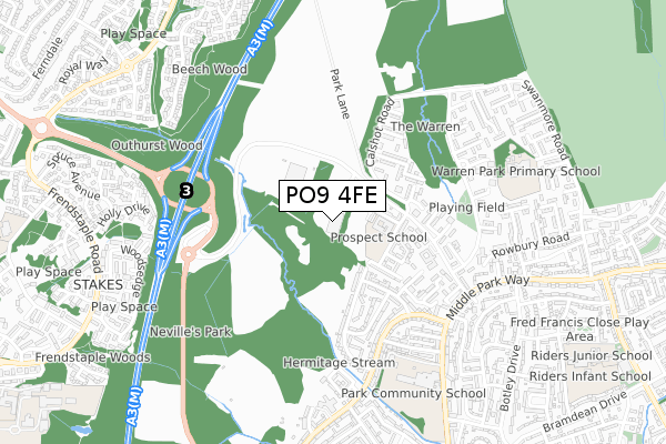 PO9 4FE map - small scale - OS Open Zoomstack (Ordnance Survey)