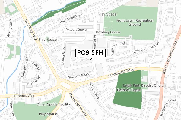 PO9 5FH map - large scale - OS Open Zoomstack (Ordnance Survey)