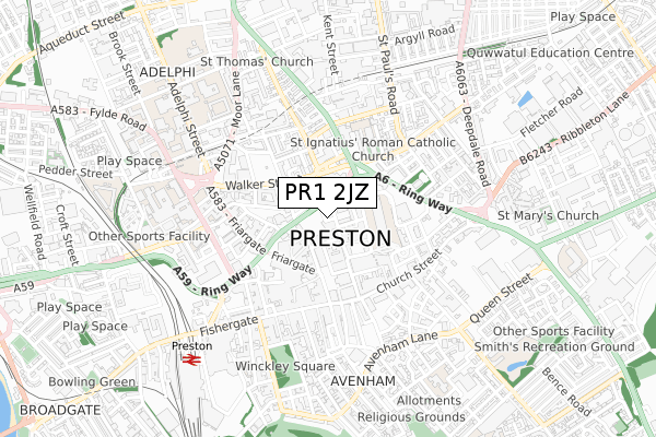 PR1 2JZ map - small scale - OS Open Zoomstack (Ordnance Survey)