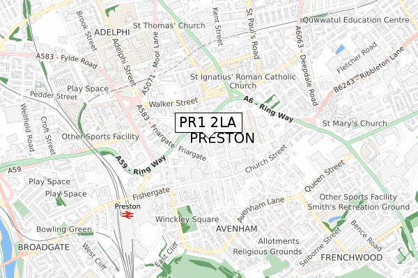 PR1 2LA map - small scale - OS Open Zoomstack (Ordnance Survey)